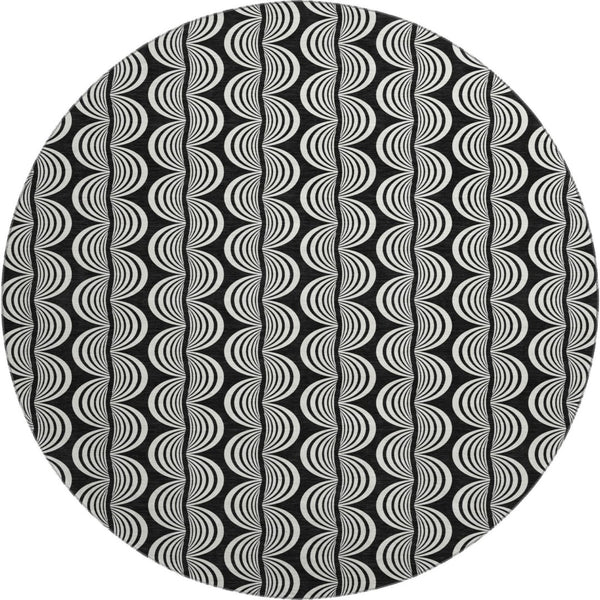 HomeRoots 8' Black and Ivory Ogee Washable Round Rug - Stylish, Durable, UV-Protected for Modern Living Spaces 682682