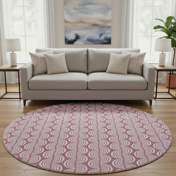 HomeRoots 8' Blush and Ivory Ogee Round Rug – Washable, UV Protected, Durable & Stylish for Modern Homes 682688