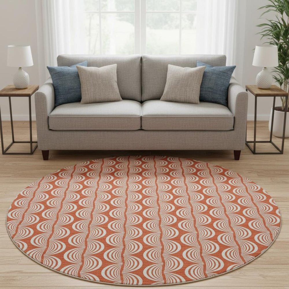 HomeRoots 8' Coral and Ivory Ogee Round Rug - Washable, UV-Protected, Soft, Durable for Family Spaces! 682694