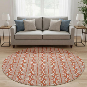 HomeRoots 8' Coral and Ivory Ogee Round Rug - Washable, UV-Protected, Soft, Durable for Family Spaces! 682694