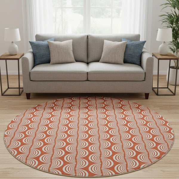 HomeRoots 8' Coral and Ivory Ogee Round Rug - Washable, UV-Protected, Soft, Durable for Family Spaces! 682694
