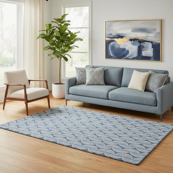 HomeRoots 5' Ogee Washable Area Rug in Denim Blue, Ivory & Gray - Stylish, Stain-Resistant, UV Protected! 682699
