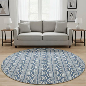 HomeRoots 8' Washable Round Rug in Denim Blue, Ivory & Gray - Durable, UV-Protected, Stylish Ogee Design 682700