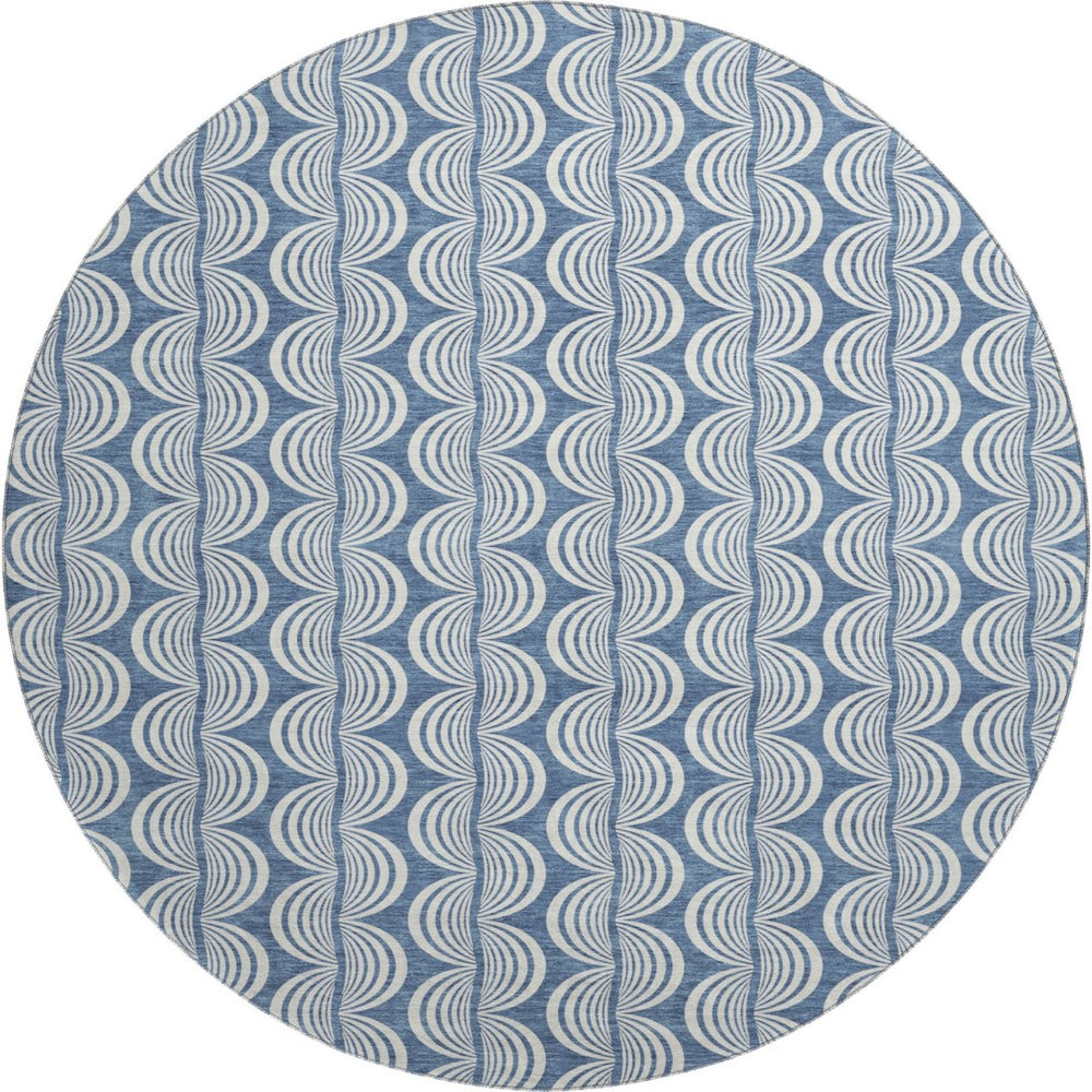 HomeRoots 8' Washable Round Rug in Denim Blue, Ivory & Gray - Durable, UV-Protected, Stylish Ogee Design 682700