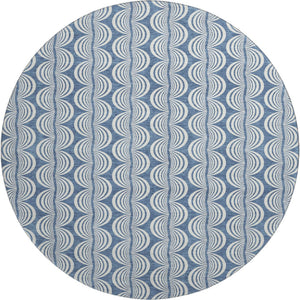 HomeRoots 8' Washable Round Rug in Denim Blue, Ivory & Gray - Durable, UV-Protected, Stylish Ogee Design 682700