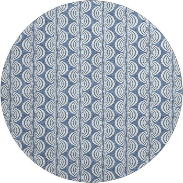 HomeRoots 8' Washable Round Rug in Denim Blue, Ivory & Gray - Durable, UV-Protected, Stylish Ogee Design 682700