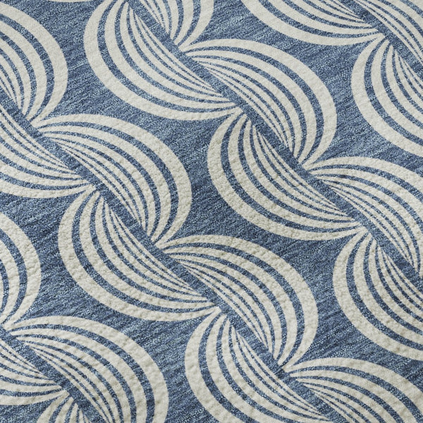 HomeRoots 8' Washable Round Rug in Denim Blue, Ivory & Gray - Durable, UV-Protected, Stylish Ogee Design 682700