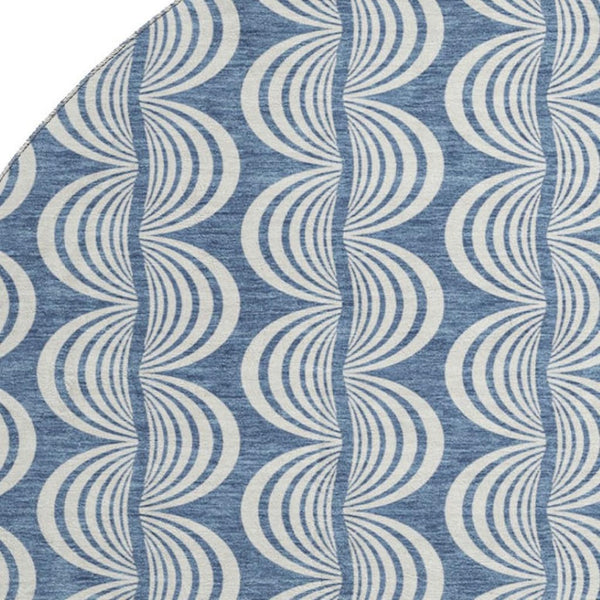 HomeRoots 8' Washable Round Rug in Denim Blue, Ivory & Gray - Durable, UV-Protected, Stylish Ogee Design 682700