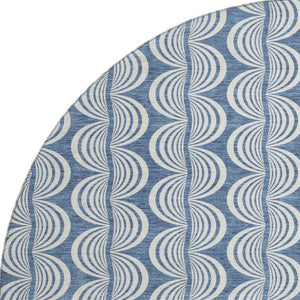 HomeRoots 8' Washable Round Rug in Denim Blue, Ivory & Gray - Durable, UV-Protected, Stylish Ogee Design 682700