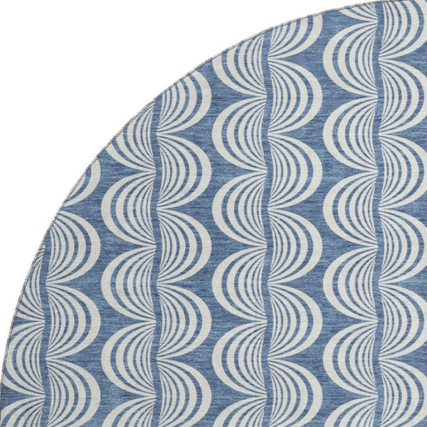 HomeRoots 8' Washable Round Rug in Denim Blue, Ivory & Gray - Durable, UV-Protected, Stylish Ogee Design 682700