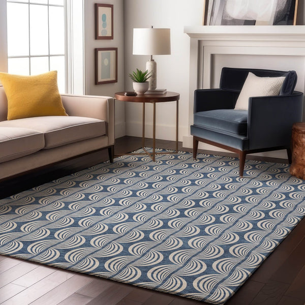 HomeRoots 9' X 12' Transitional Denim Blue, Ivory & Gray Ogee Area Rug - Washable, UV Protected & Stain Resistant! 682702