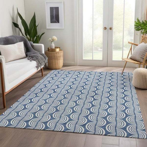 HomeRoots 9' X 12' Transitional Denim Blue, Ivory & Gray Ogee Area Rug - Washable, UV Protected & Stain Resistant! 682702