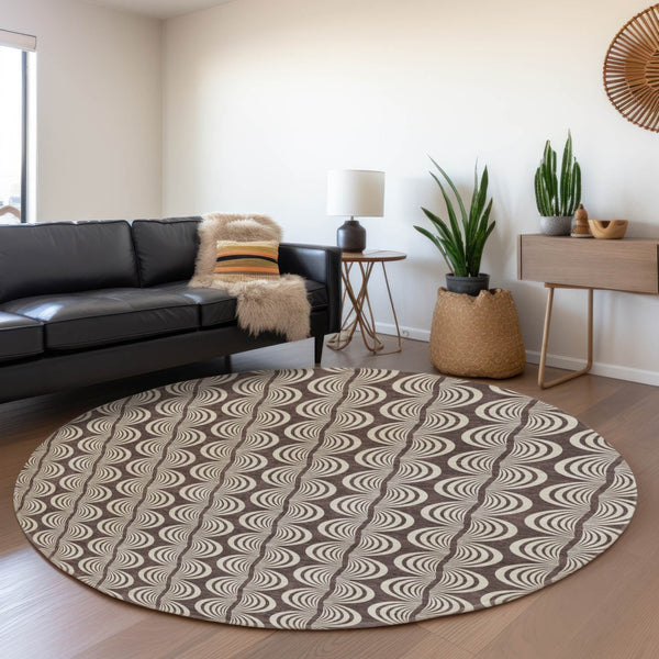 HomeRoots 8' Chocolate and Ivory Ogee Round Rug – Washable, UV-Protected, Durable, Stylish Home Essential 682706