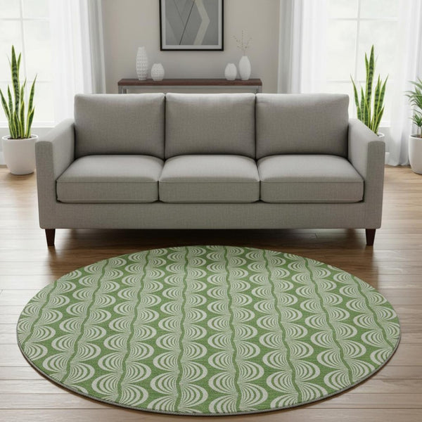 HomeRoots 8' Green and Ivory Ogee Round Area Rug - Washable, UV-Protected, Stain-Resistant, Durable Design 682712