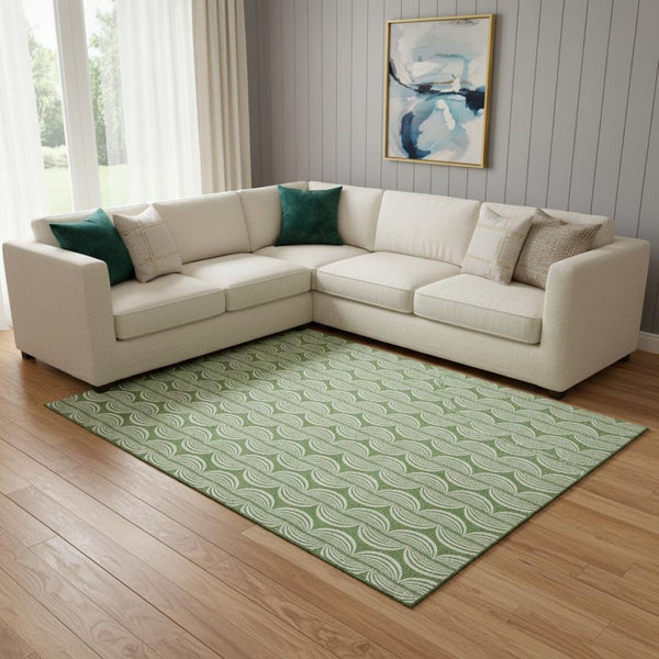 HomeRoots 10' X 14' Green And Ivory Ogee Area Rug - Washable, UV Protected, Stylish Design for Busy Homes 682715