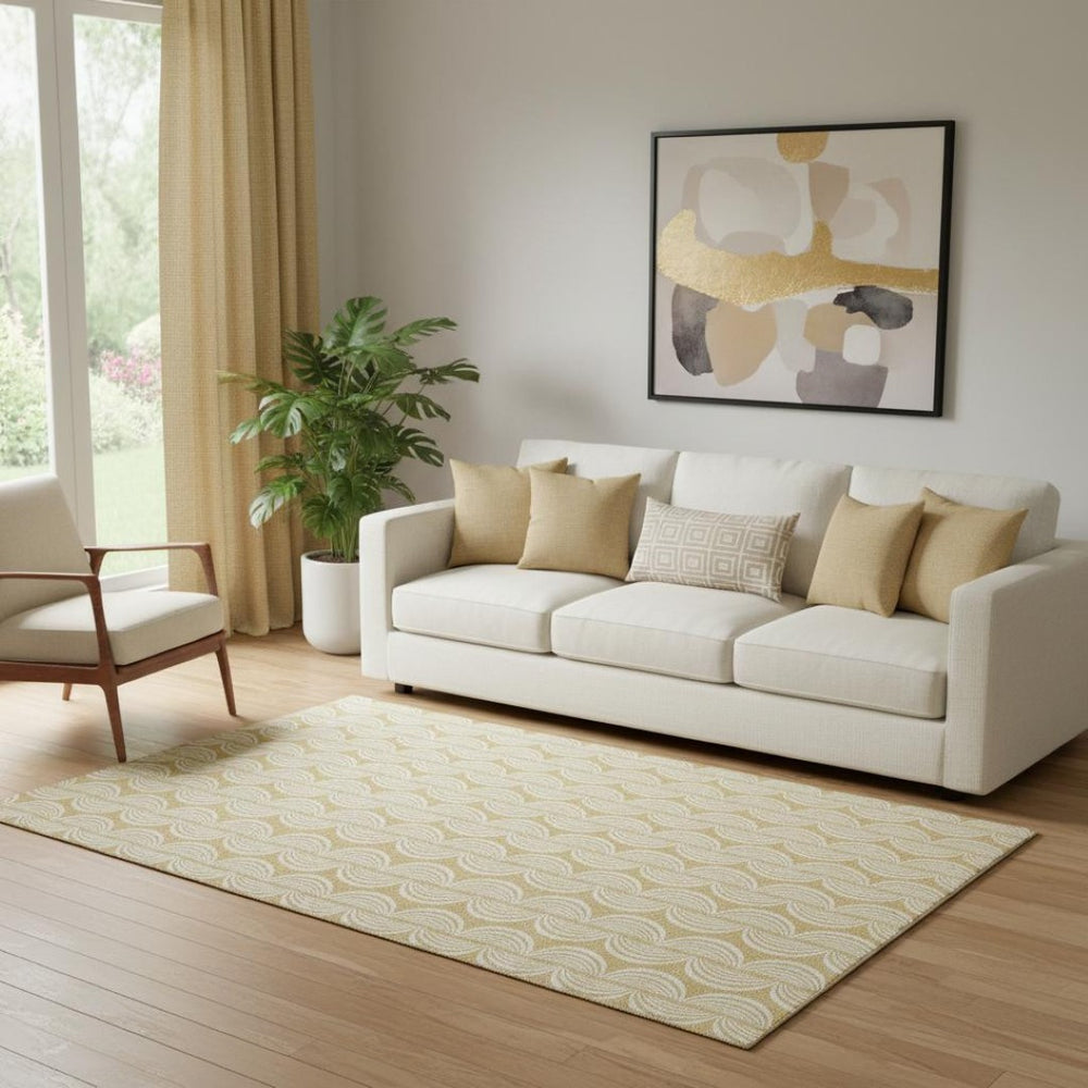 HomeRoots 5' X 8' Gold and Ivory Ogee Area Rug – Washable, UV Protected, Kid & Pet Friendly for Everyday Elegance 682717