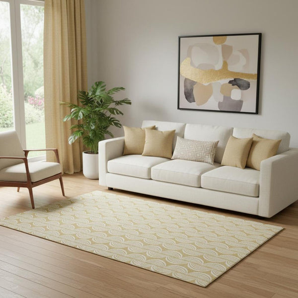 HomeRoots 5' X 8' Gold and Ivory Ogee Area Rug – Washable, UV Protected, Kid & Pet Friendly for Everyday Elegance 682717