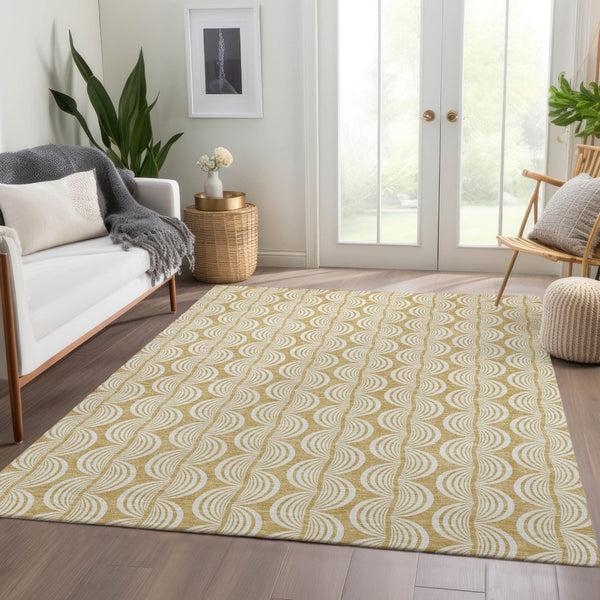 HomeRoots 5' X 8' Gold and Ivory Ogee Area Rug – Washable, UV Protected, Kid & Pet Friendly for Everyday Elegance 682717