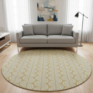 HomeRoots 8' Gold And Ivory Ogee Round Rug - Washable, UV Protected, Durable, Stylish for High-Traffic Areas 682718