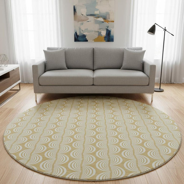 HomeRoots 8' Gold And Ivory Ogee Round Rug - Washable, UV Protected, Durable, Stylish for High-Traffic Areas 682718