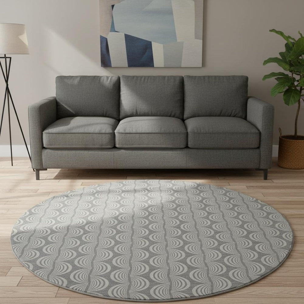 HomeRoots 8' Gray and Ivory Ogee Washable Round Rug - Durable, Stylish, UV Protected for High-Traffic Spaces 682724