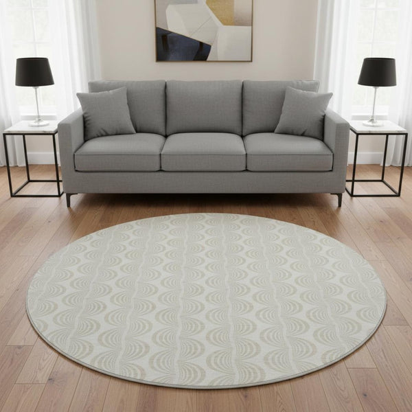HomeRoots 8' Ivory and Beige Ogee Washable Round Rug – Durable, UV-Protected, Stylish Design for Every Home 682730