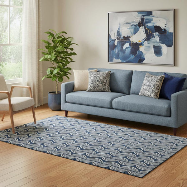 HomeRoots 5' X 8' Navy Blue Ogee Area Rug – Washable, UV Protected, Stylish & Durable for High-Traffic Spaces 682735