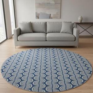 HomeRoots 8' Navy Blue and Ivory Ogee Washable Round Rug - Durable, Stylish Design with UV Protection & Easy Care 682736