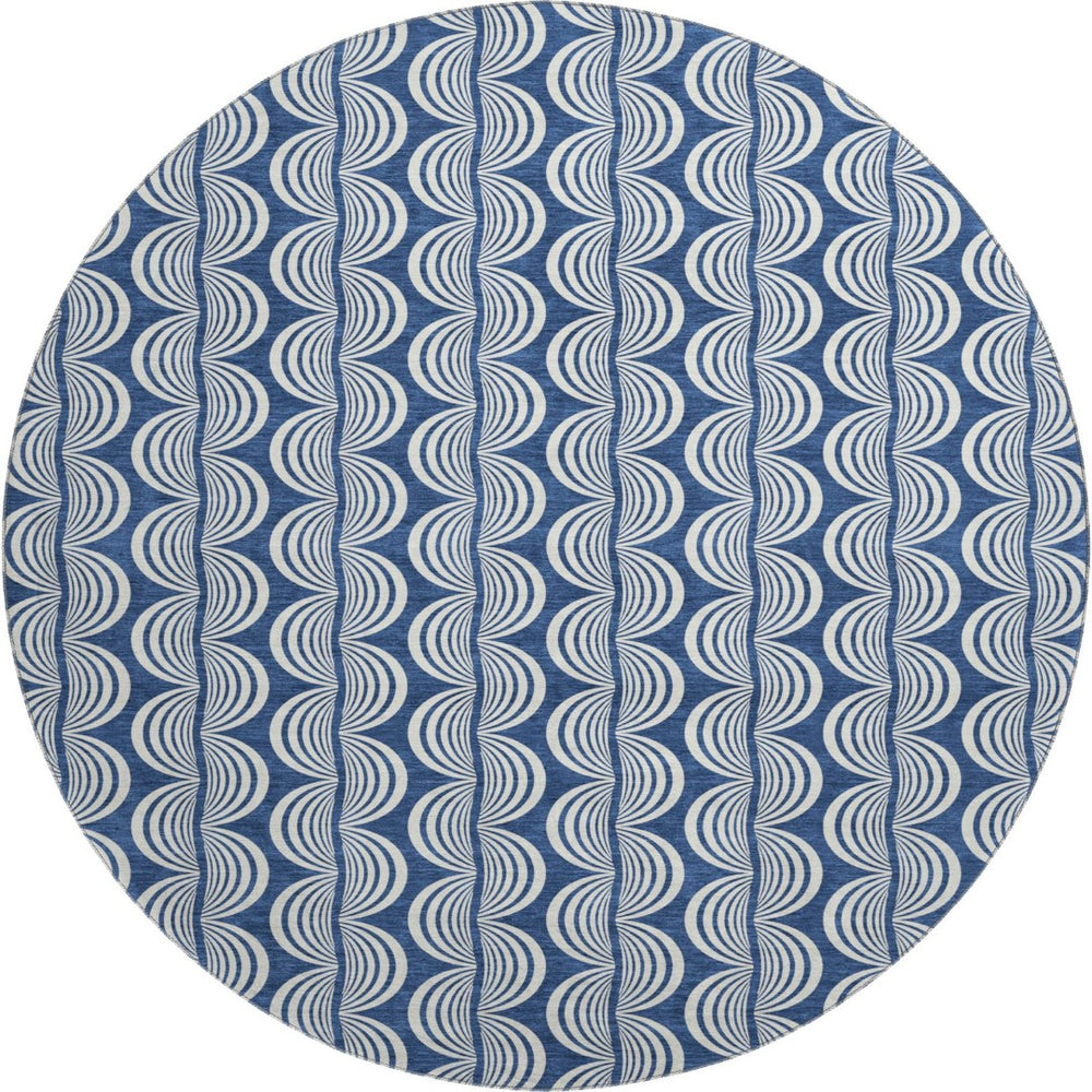 HomeRoots 8' Navy Blue and Ivory Ogee Washable Round Rug - Durable, Stylish Design with UV Protection & Easy Care 682736