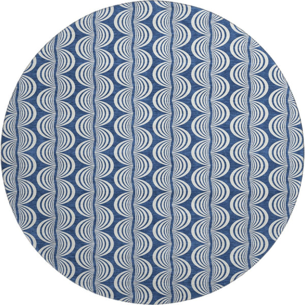 HomeRoots 8' Navy Blue and Ivory Ogee Washable Round Rug - Durable, Stylish Design with UV Protection & Easy Care 682736