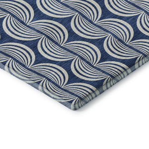 HomeRoots 8' Navy Blue and Ivory Ogee Washable Round Rug - Durable, Stylish Design with UV Protection & Easy Care 682736