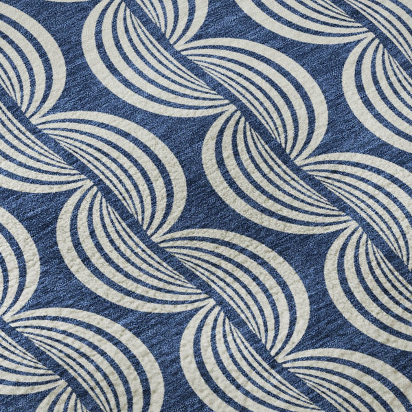 HomeRoots 8' Navy Blue and Ivory Ogee Washable Round Rug - Durable, Stylish Design with UV Protection & Easy Care 682736