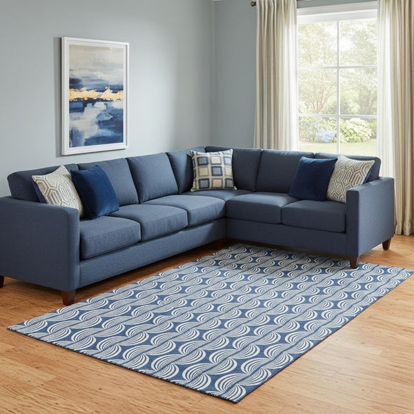 HomeRoots 8' X 10' Navy Blue & Ivory Ogee Area Rug - Washable, UV-Protected, Stain-Resistant, Durable Design 682737