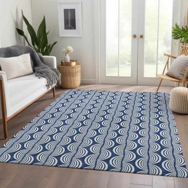 HomeRoots 10' X 14' Navy Blue & Ivory Ogee Area Rug - Washable, UV Protected, Durable, & Stylish for Any Space 682739