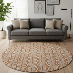HomeRoots 8' Rust and Beige Ogee Round Rug - Washable, UV-Protected, Stain-Resistant for Homes with Kids & Pets 682742