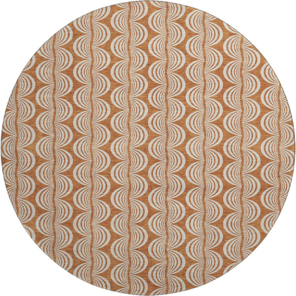 HomeRoots 8' Rust and Beige Ogee Round Rug - Washable, UV-Protected, Stain-Resistant for Homes with Kids & Pets 682742