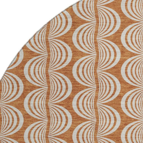 HomeRoots 8' Rust and Beige Ogee Round Rug - Washable, UV-Protected, Stain-Resistant for Homes with Kids & Pets 682742