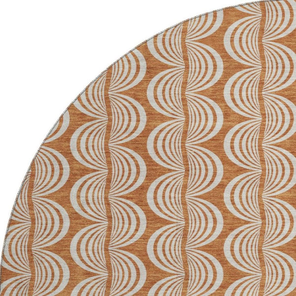 HomeRoots 8' Rust and Beige Ogee Round Rug - Washable, UV-Protected, Stain-Resistant for Homes with Kids & Pets 682742