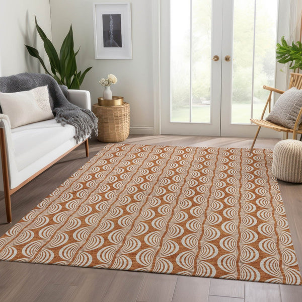 HomeRoots 8' X 10' Ogee Pattern Area Rug in Rust & Beige – Washable, Stain-Resistant, UV-Protected Design! 682743