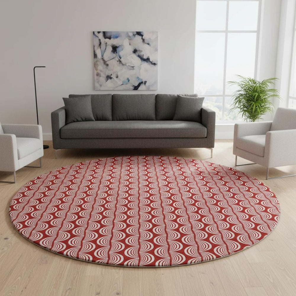 HomeRoots 8' Red and Ivory Ogee Washable Round Rug – Durable, UV-Protected Design Perfect for High-Traffic Areas 682754