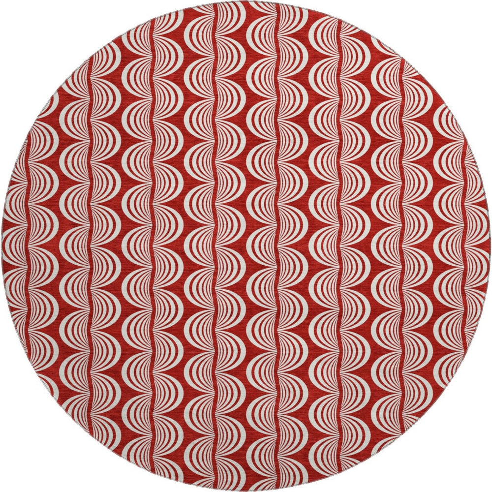 HomeRoots 8' Red and Ivory Ogee Washable Round Rug – Durable, UV-Protected Design Perfect for High-Traffic Areas 682754