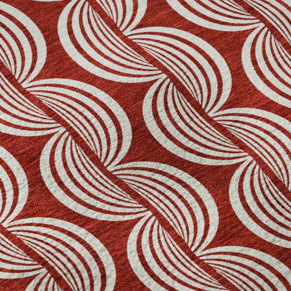 HomeRoots 8' Red and Ivory Ogee Washable Round Rug – Durable, UV-Protected Design Perfect for High-Traffic Areas 682754