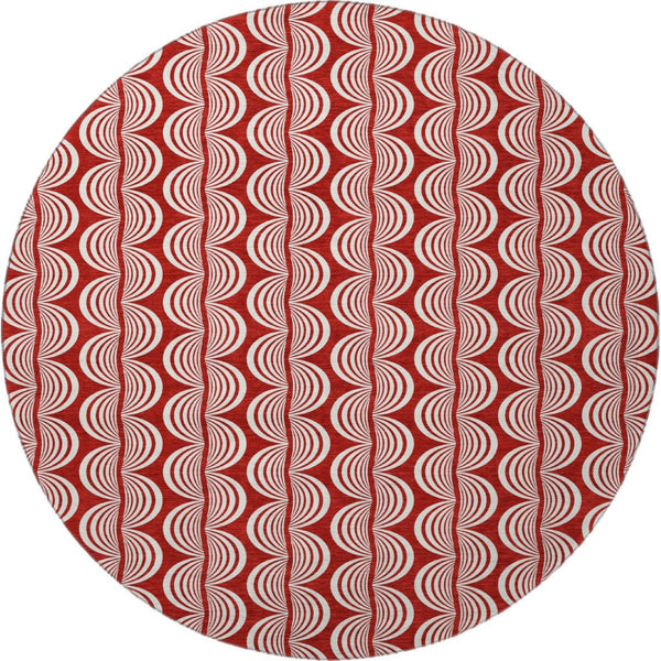 HomeRoots 8' Red and Ivory Ogee Washable Round Rug – Durable, UV-Protected Design Perfect for High-Traffic Areas 682754