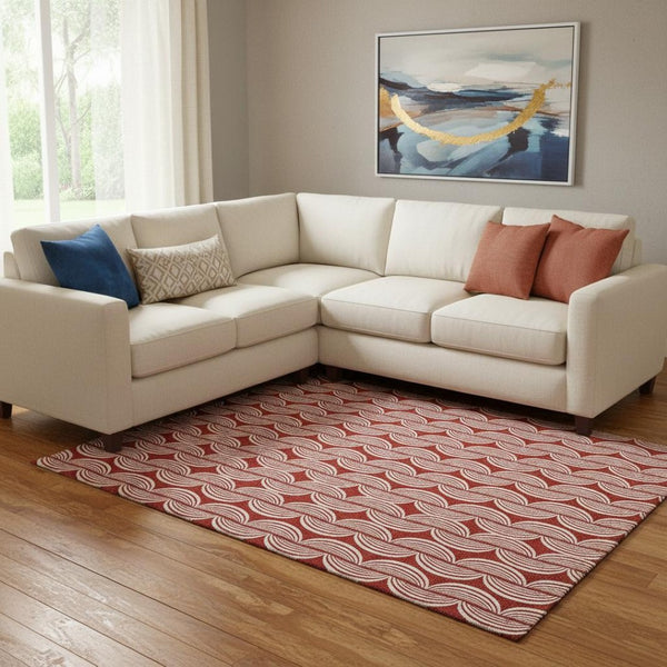 HomeRoots 10' Red and Ivory Ogee Area Rug - Washable, UV Protected, Stain-Resistant Design for Busy Homes 682757