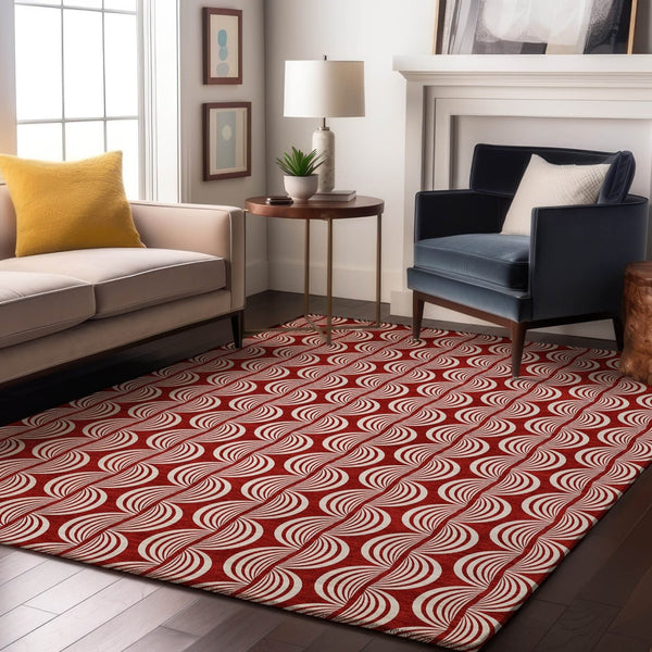 HomeRoots 10' Red and Ivory Ogee Area Rug - Washable, UV Protected, Stain-Resistant Design for Busy Homes 682757