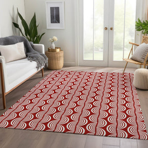 HomeRoots 10' Red and Ivory Ogee Area Rug - Washable, UV Protected, Stain-Resistant Design for Busy Homes 682757