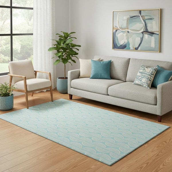 HomeRoots 5' X 8' Aqua and Ivory Ogee Washable Area Rug - UV Protected, Stain-Resistant, Stylish for Any Room 682759