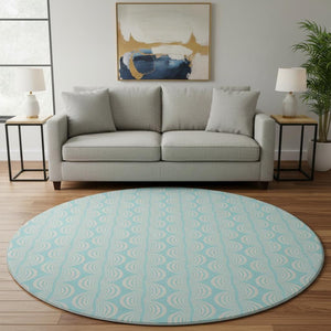 HomeRoots 8' Aqua & Ivory Ogee Round Rug - Washable, UV Protected, Durable for High-Traffic Family Spaces 682760