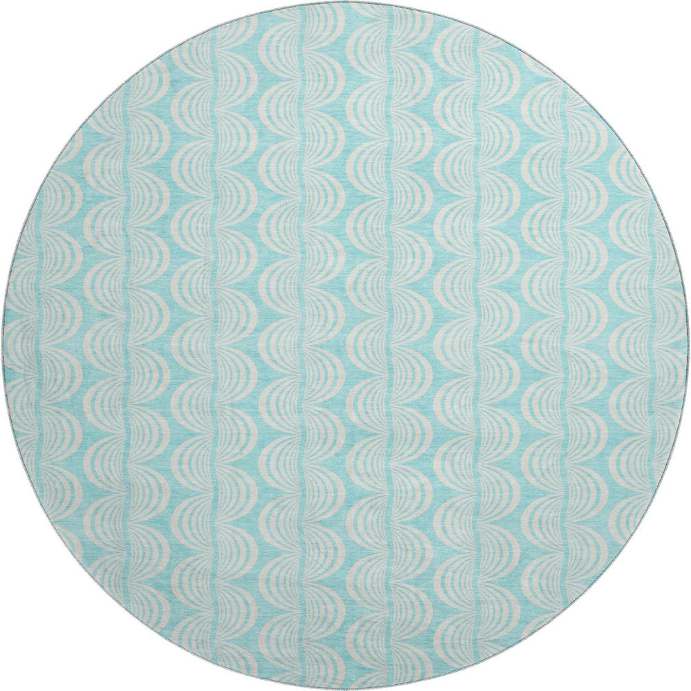 HomeRoots 8' Aqua & Ivory Ogee Round Rug - Washable, UV Protected, Durable for High-Traffic Family Spaces 682760