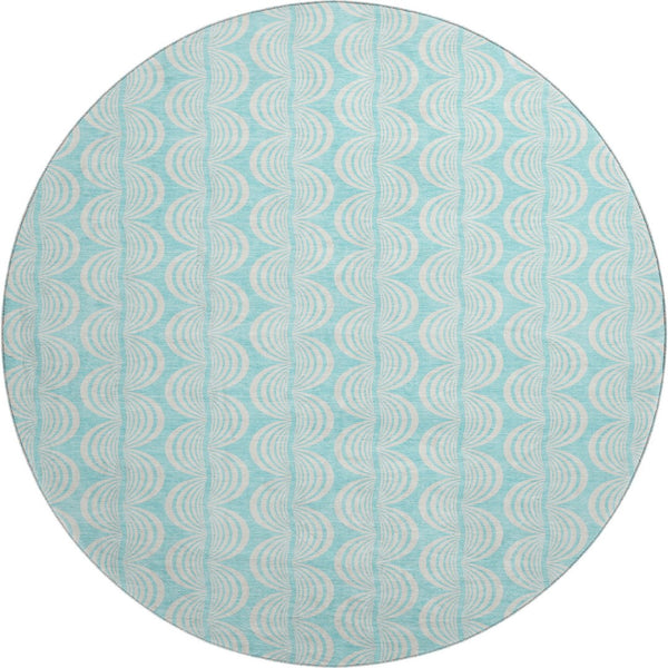 HomeRoots 8' Aqua & Ivory Ogee Round Rug - Washable, UV Protected, Durable for High-Traffic Family Spaces 682760
